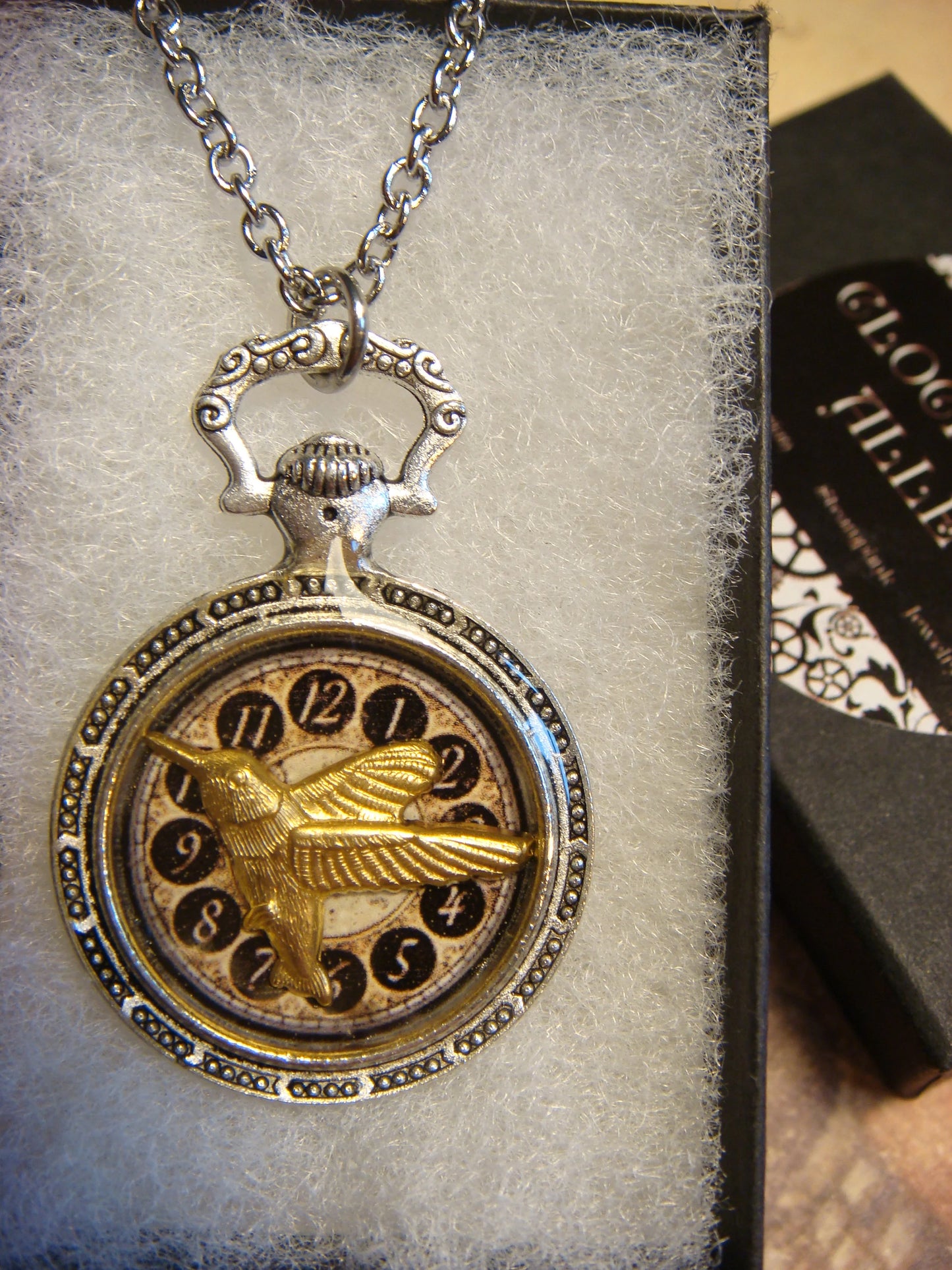 Hummingbird over Clock Pocket Watch Pendant Necklace