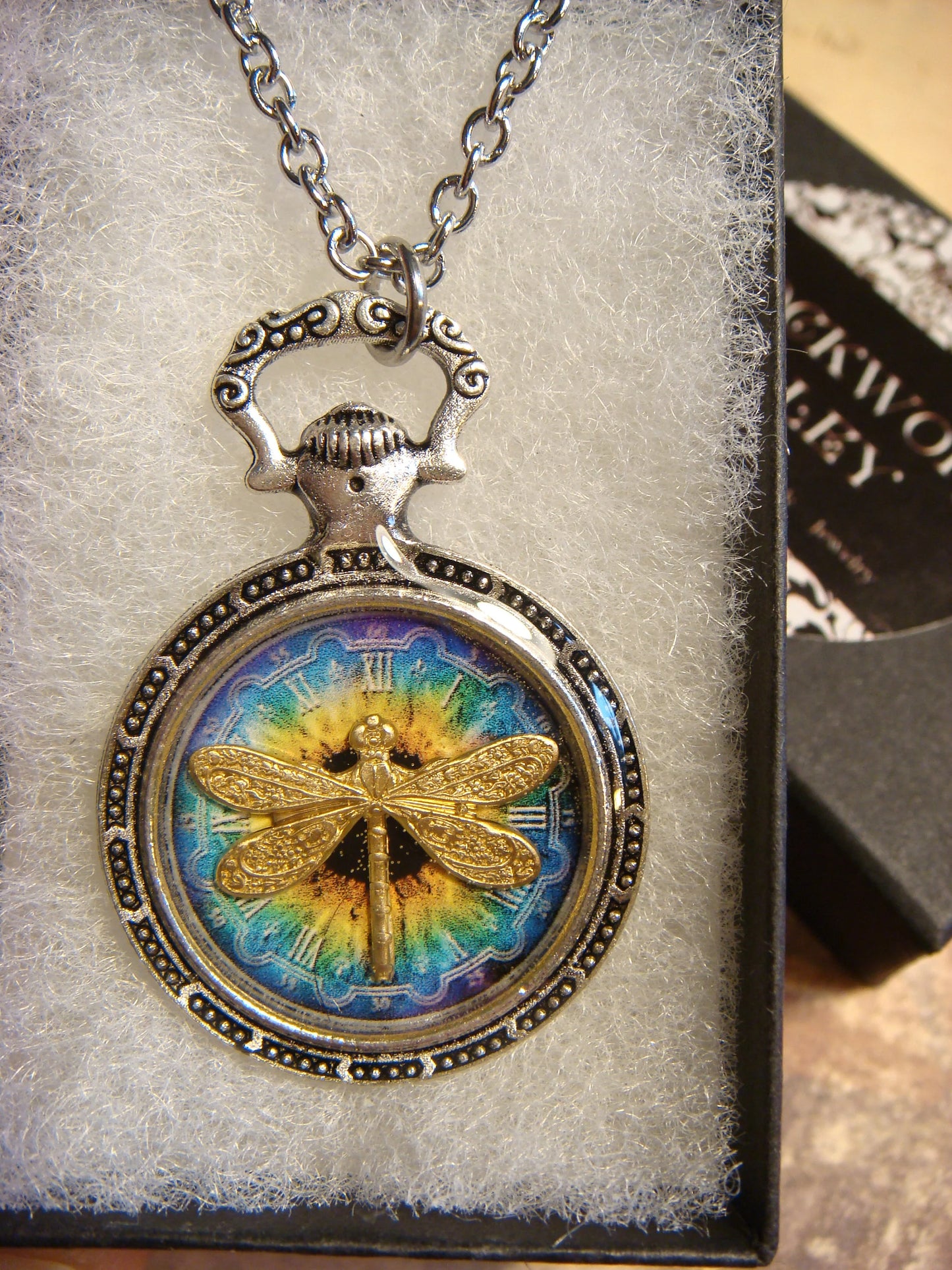 Dragonfly over Colorful Clock Pocket Watch Pendant Necklace