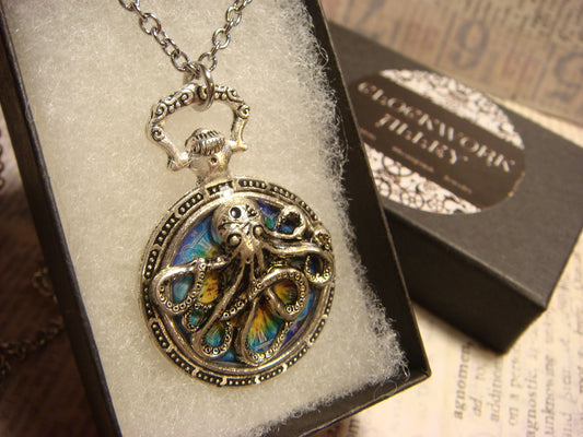 Octopus over Colorful Clock Pocket Watch Pendant Necklace