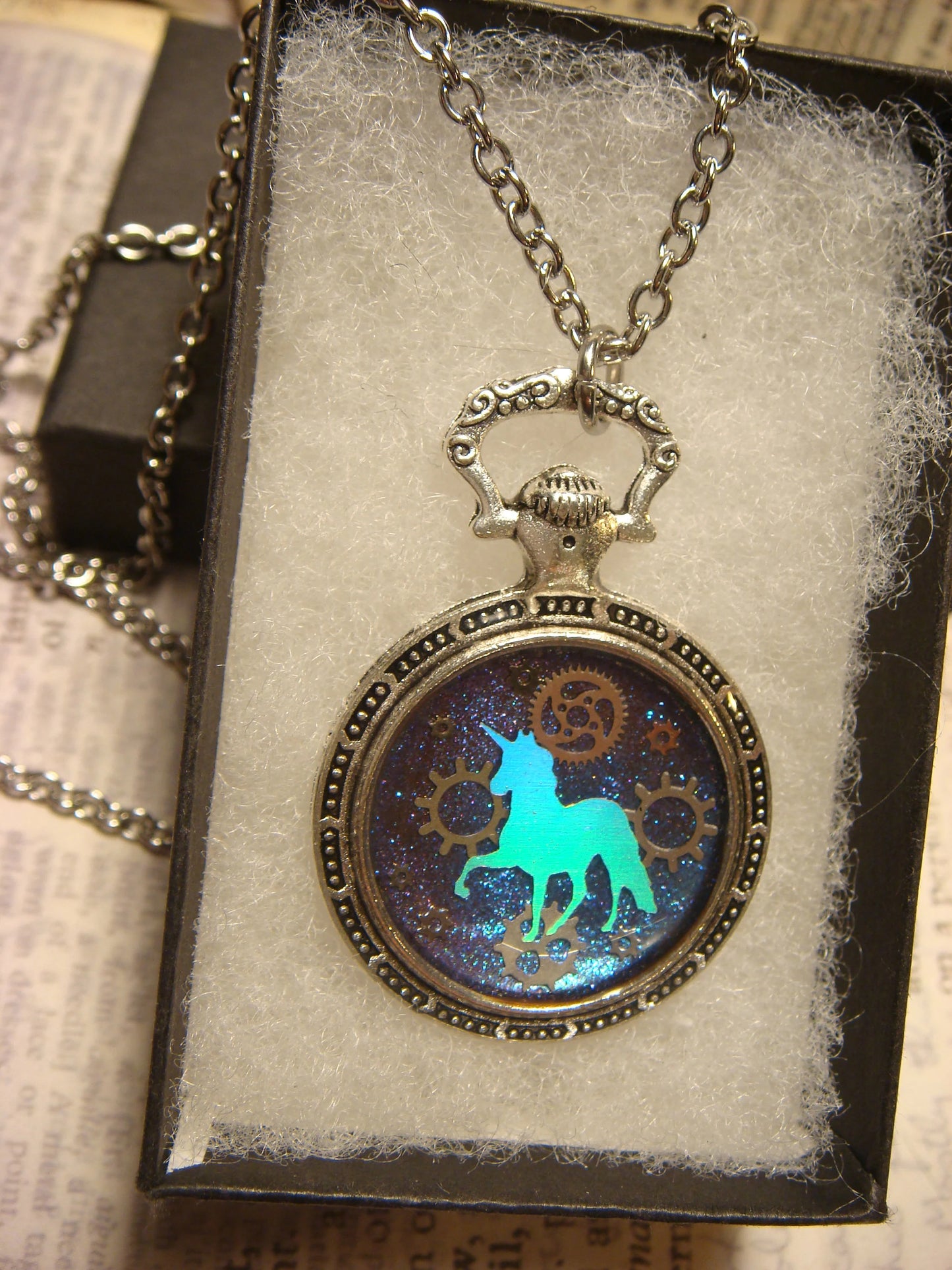 Unicorn and Gears Pocket Watch Pendant Necklace