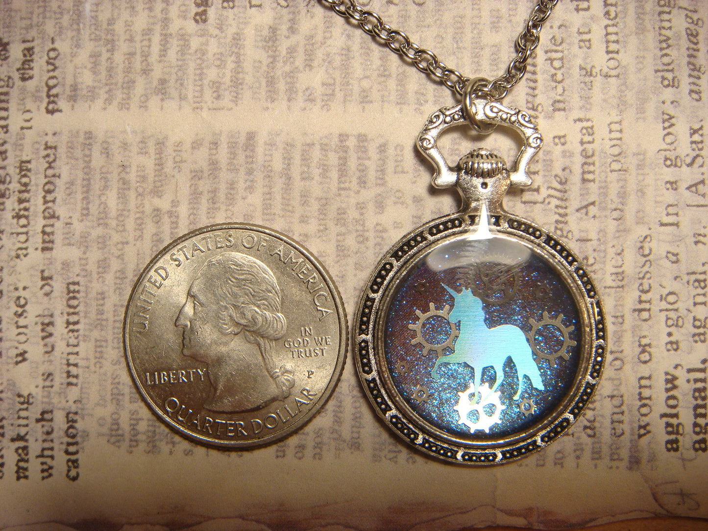 Unicorn and Gears Pocket Watch Pendant Necklace