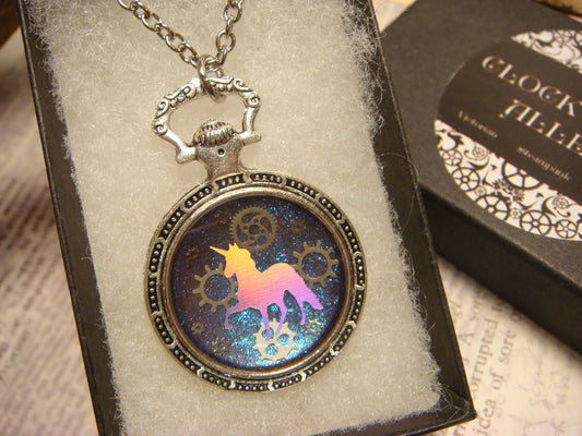 Unicorn and Gears Pocket Watch Pendant Necklace