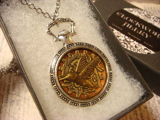 Hummingbird over Etched Gear Pocket Watch Pendant Necklace