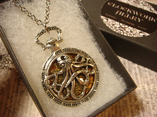Octopus over Etched Gear Pocket Watch Pendant Necklace