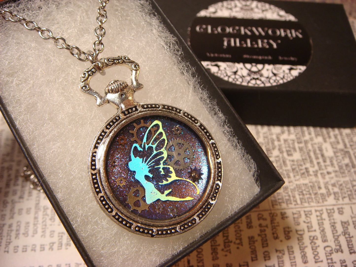 Fairy and Gears Pocket Watch Pendant Necklace