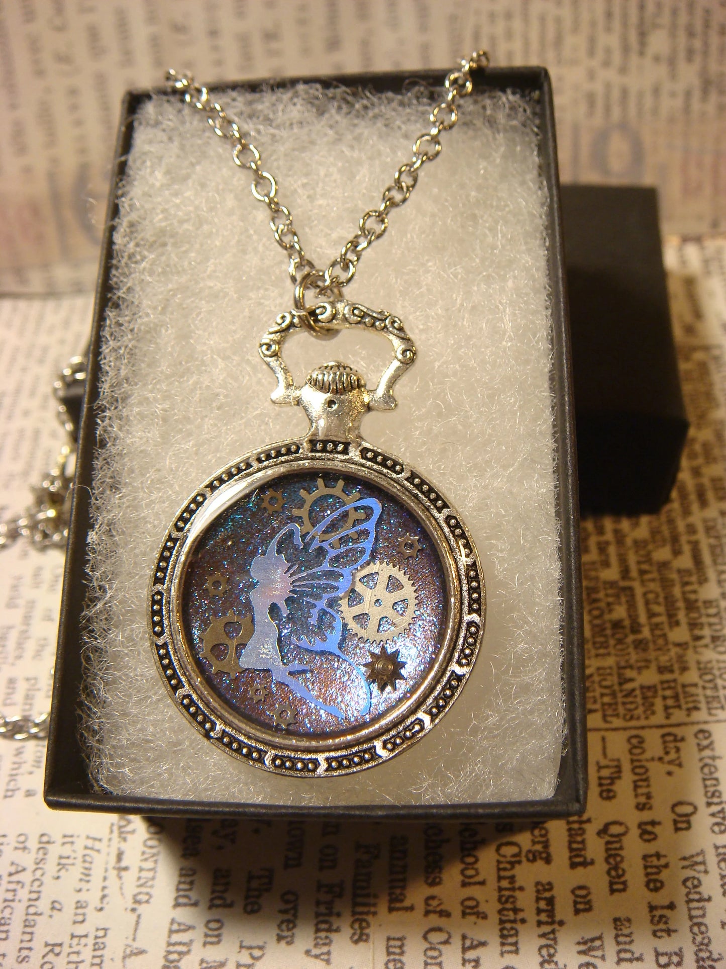 Fairy and Gears Pocket Watch Pendant Necklace