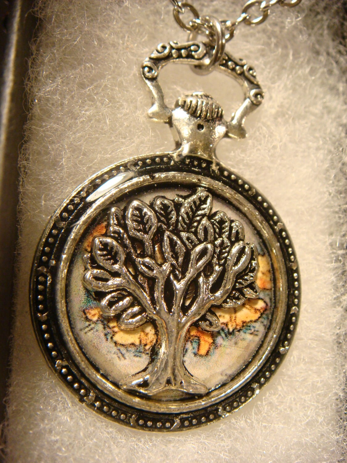 Tree of Life over Map Pocket Watch Pendant Necklace