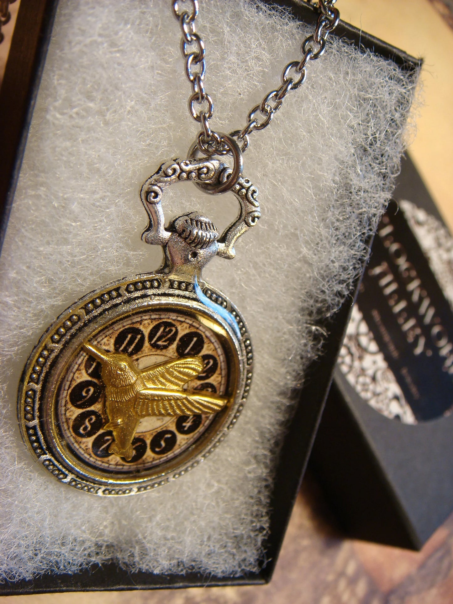 Hummingbird over Clock Pocket Watch Pendant Necklace