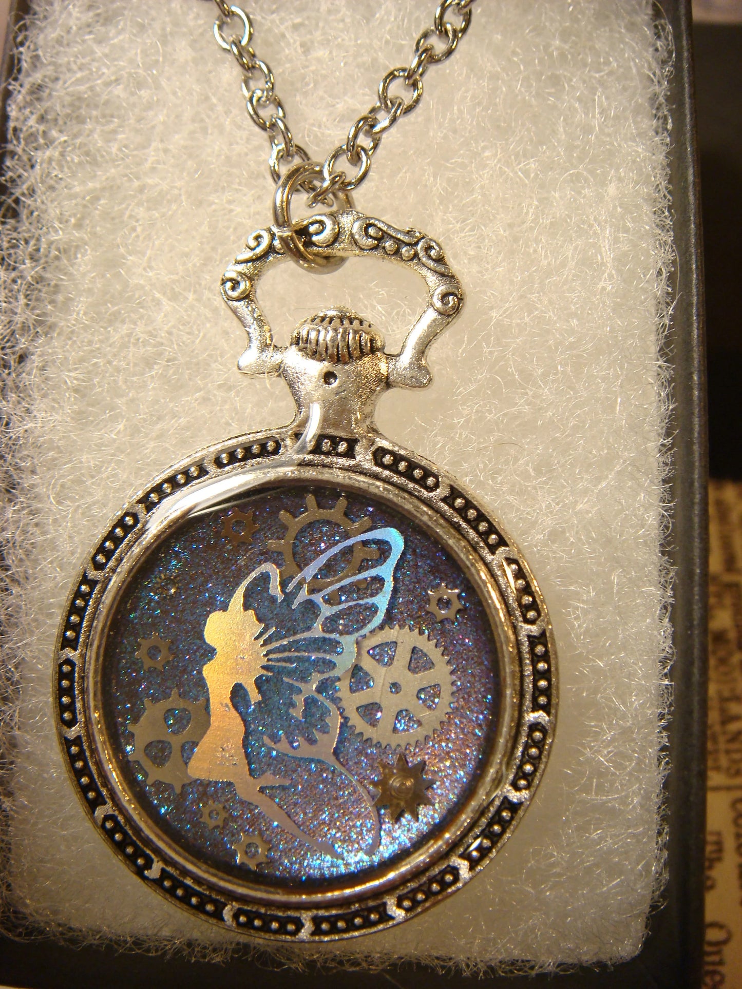 Fairy and Gears Pocket Watch Pendant Necklace