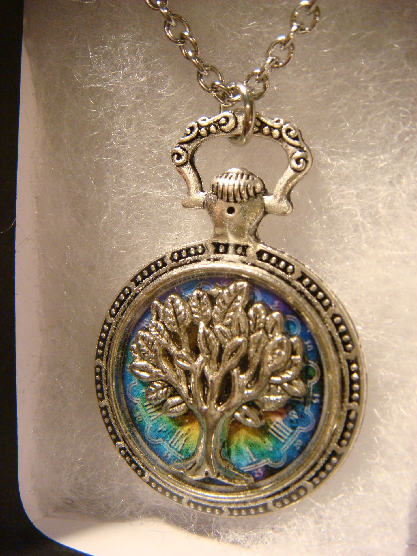 Tree of Life over Colorful Clock Pocket Watch Pendant Necklace