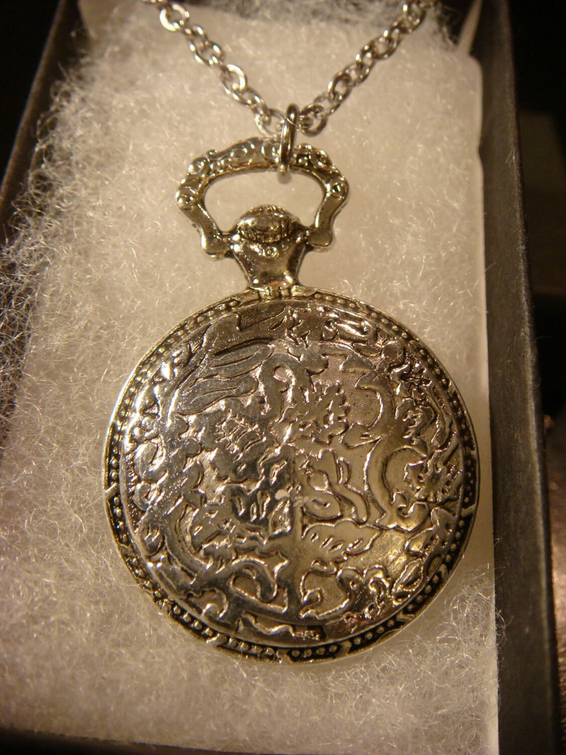 Dragonfly over Clock Pocket Watch Pendant Necklace