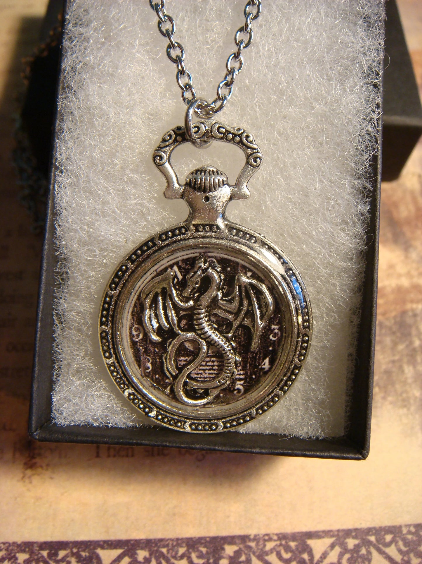 Dragon over Clock Pocket Watch Pendant Necklace