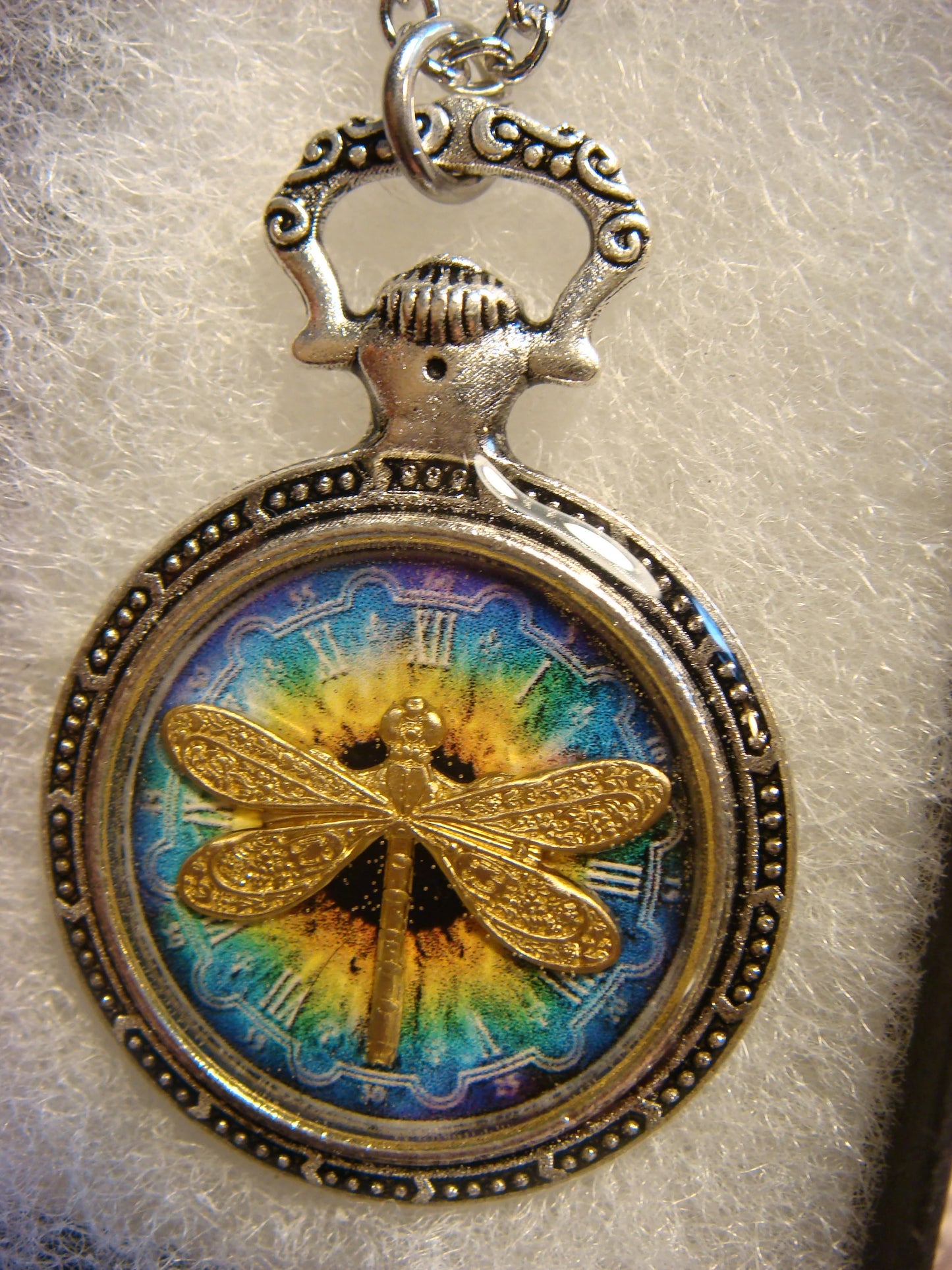 Dragonfly over Colorful Clock Pocket Watch Pendant Necklace