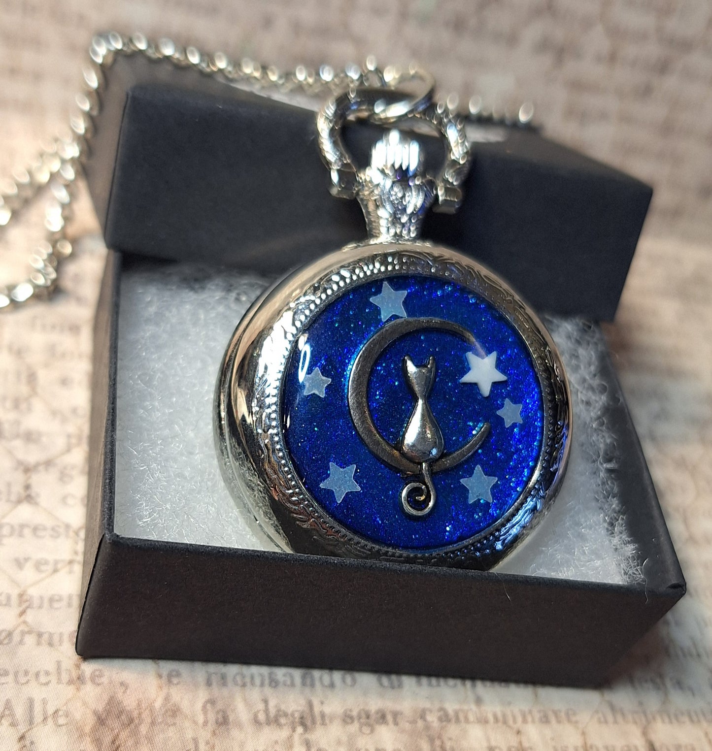 Working Cat on Moon with Glow-in-the-Dark Stars Pocket Watch Necklace