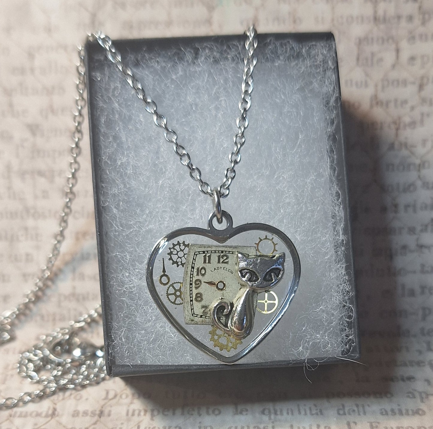 Clockwork Cat Steampunk Heart Pendant Necklace