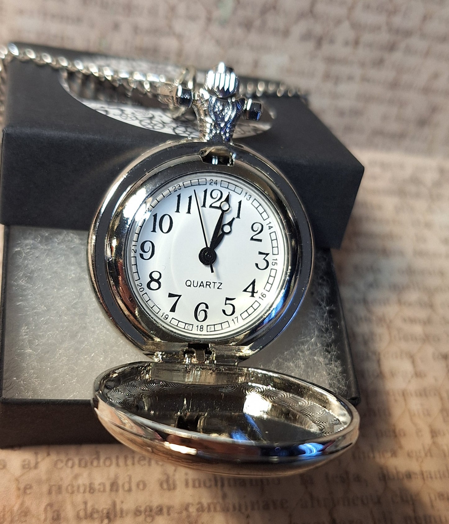 Working Cat on Moon with Glow-in-the-Dark Stars Pocket Watch Necklace