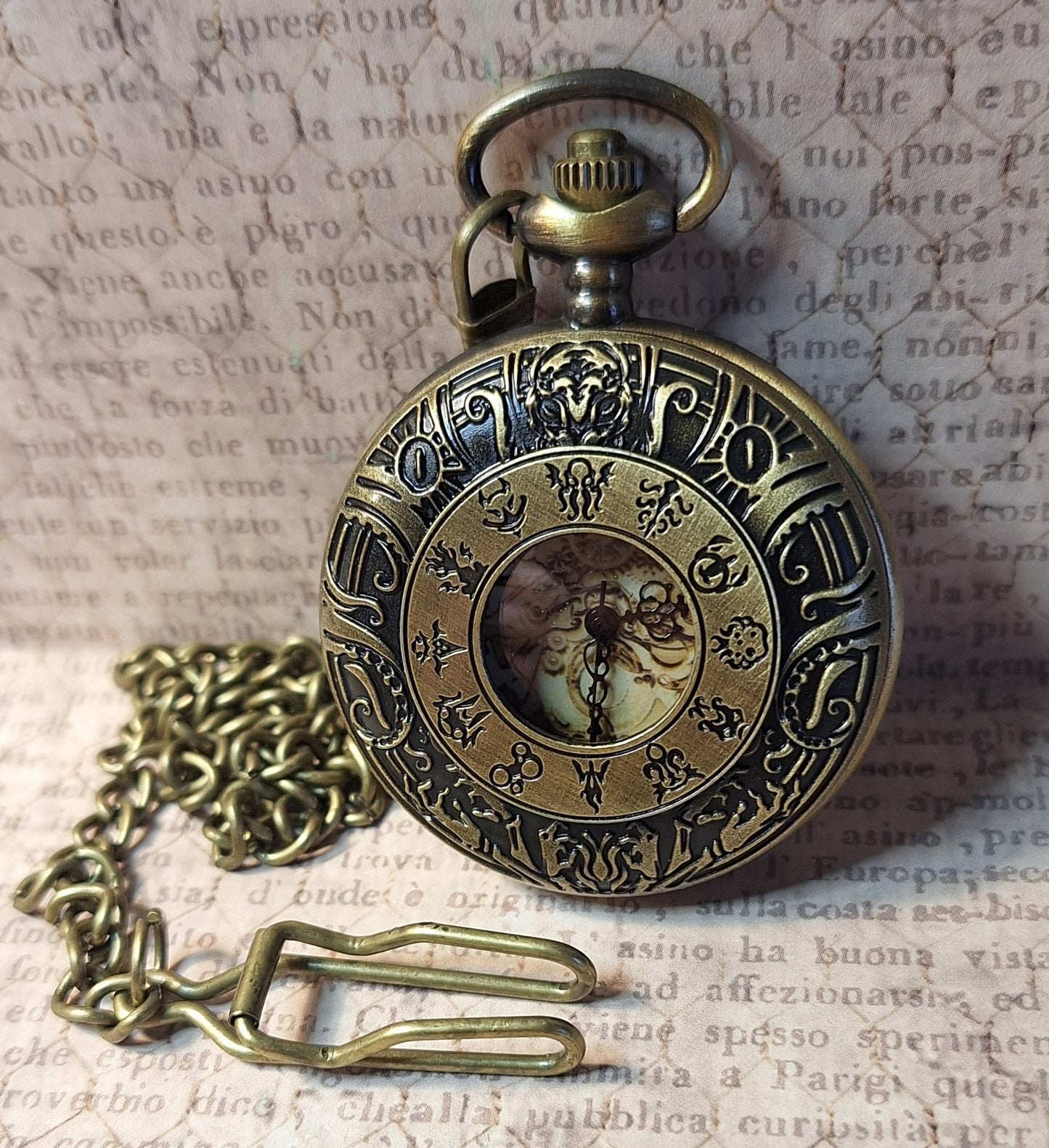 Working Lovecraft Zodiac Pocket Watch with Fob Chain
