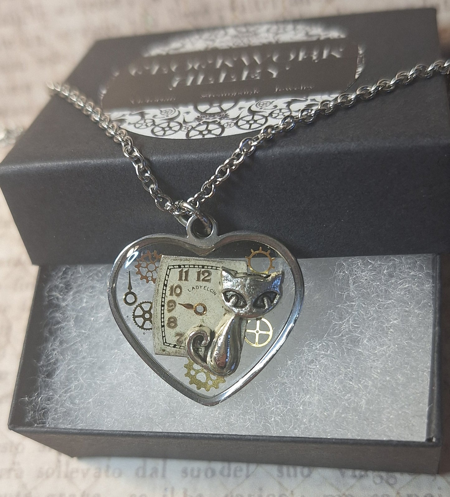 Clockwork Cat Steampunk Heart Pendant Necklace