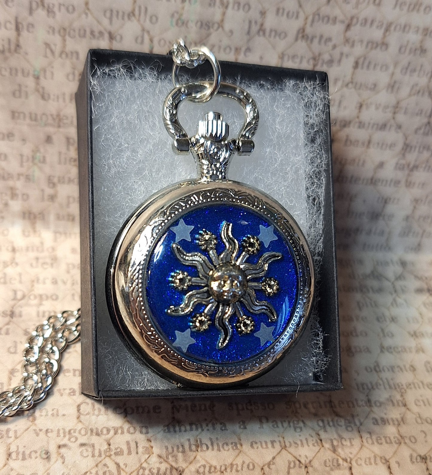 Working Sun with Glow-in-the-dark Stars Pocket Watch Necklace