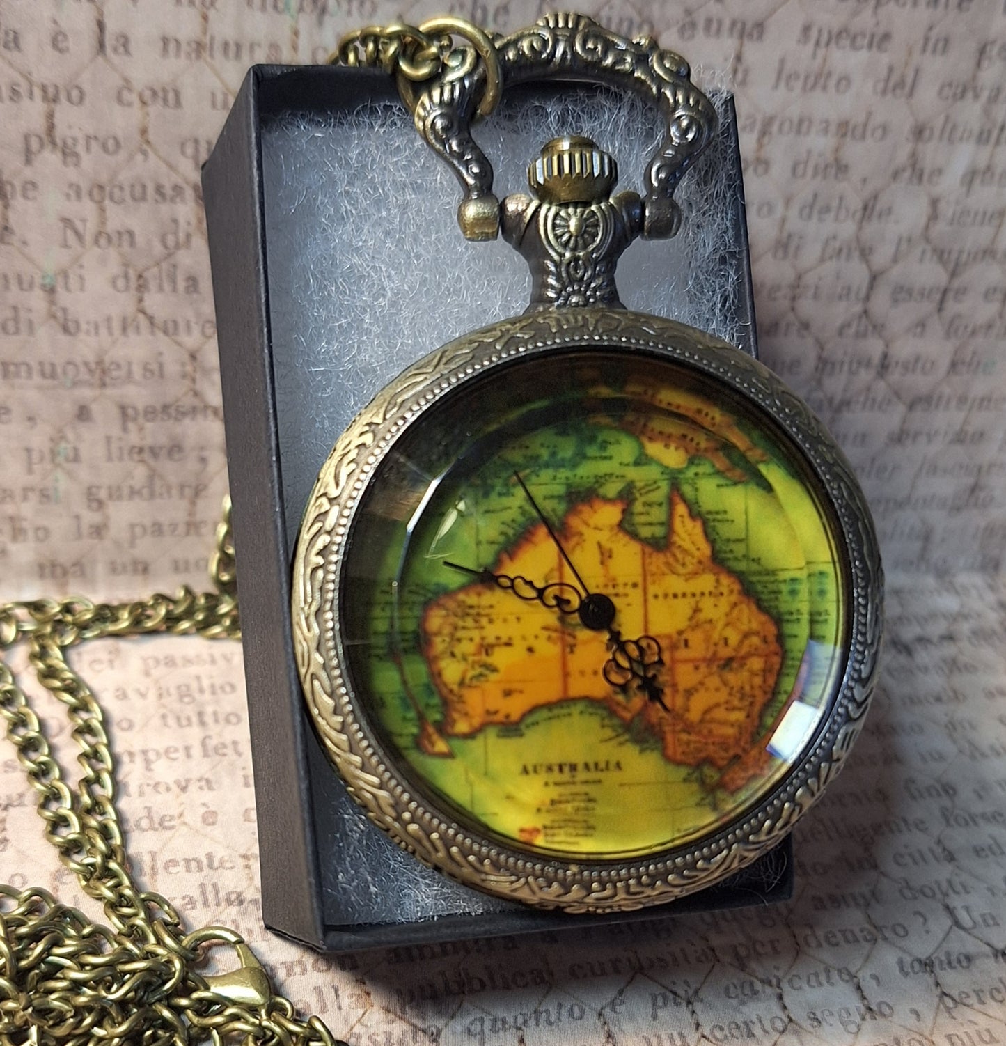 Working Australia Map Pocket Watch Necklace