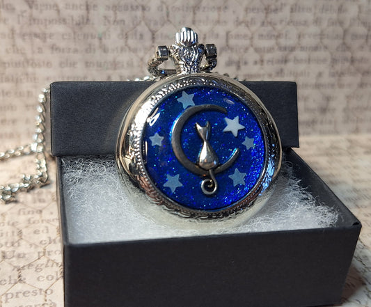 Working Cat on Moon with Glow-in-the-Dark Stars Pocket Watch Necklace