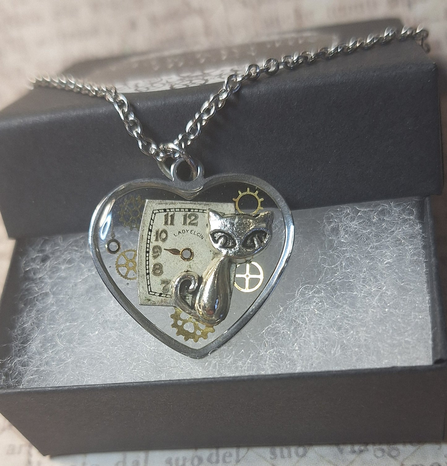 Clockwork Cat Steampunk Heart Pendant Necklace
