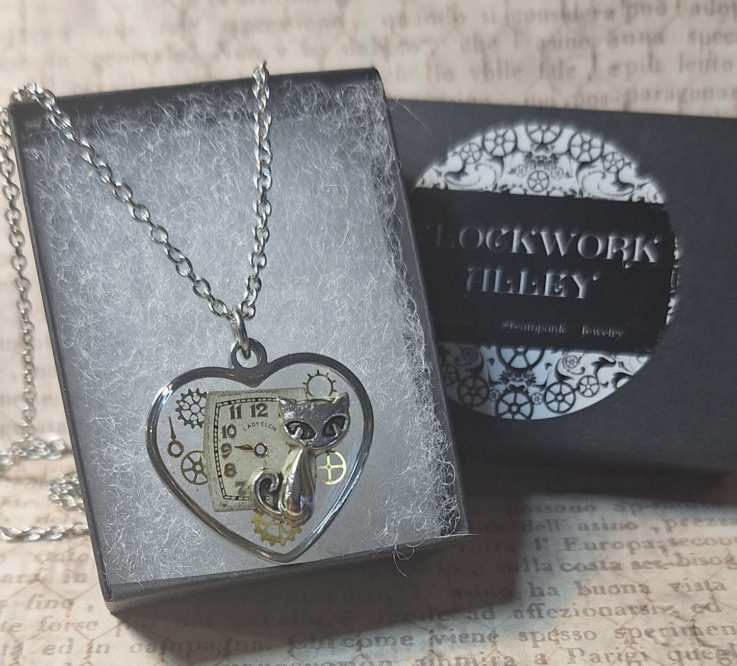 Clockwork Cat Steampunk Heart Pendant Necklace