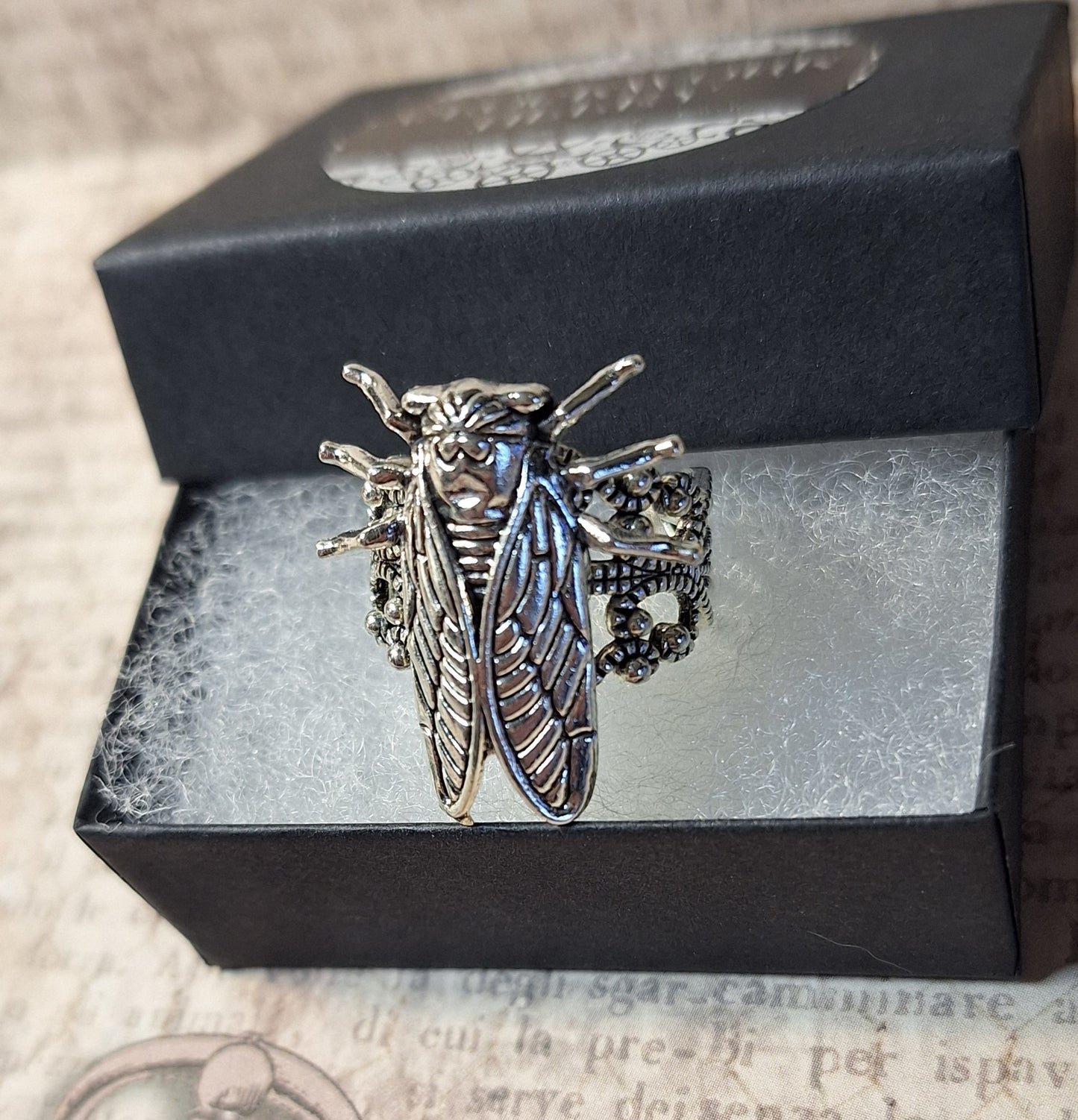 Cicada Ring in Antique Silver- Adjustable