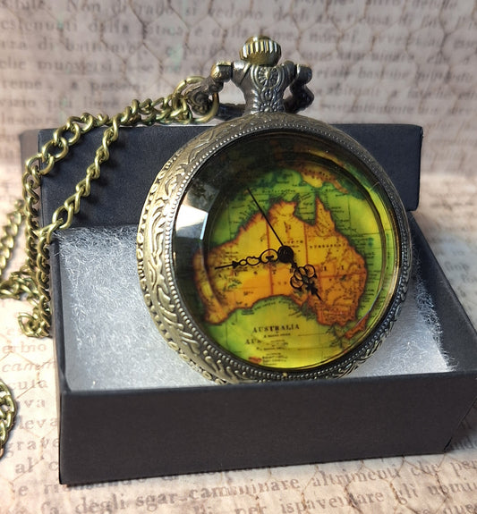Working Australia Map Pocket Watch Necklace