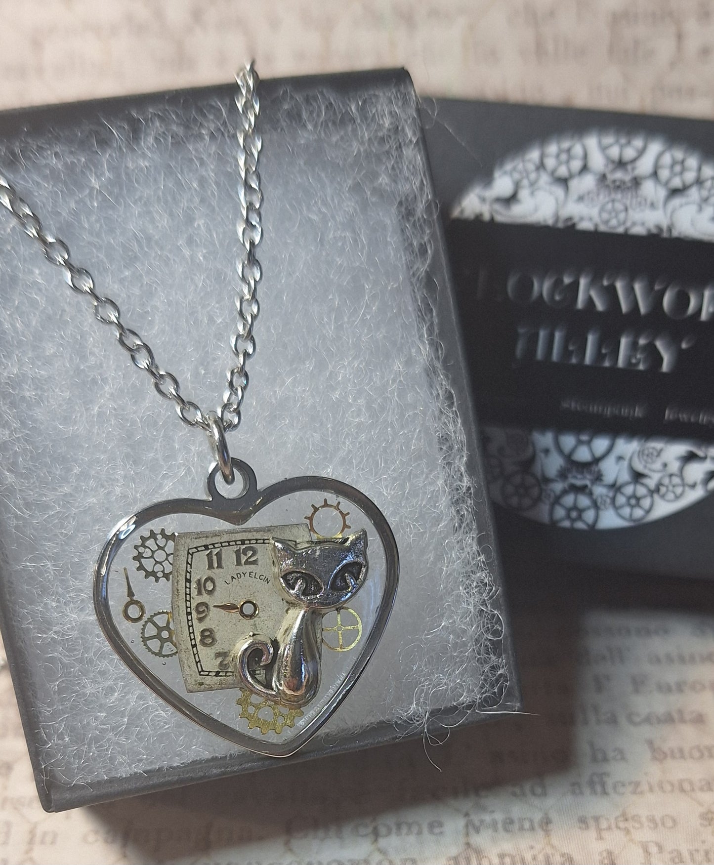 Clockwork Cat Steampunk Heart Pendant Necklace