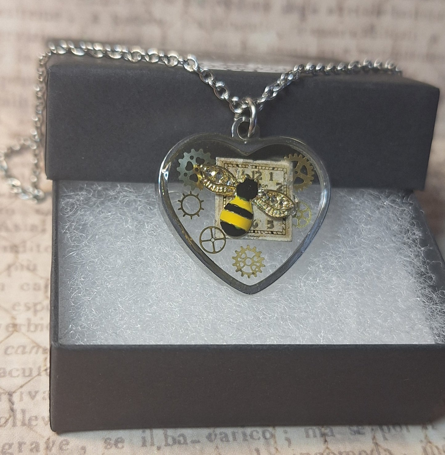 Clockwork Bee Heart Pendant Necklace