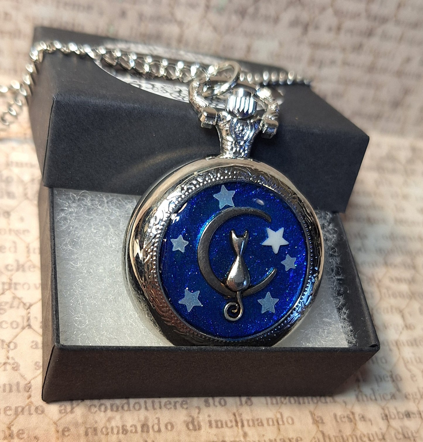 Working Cat on Moon with Glow-in-the-Dark Stars Pocket Watch Necklace