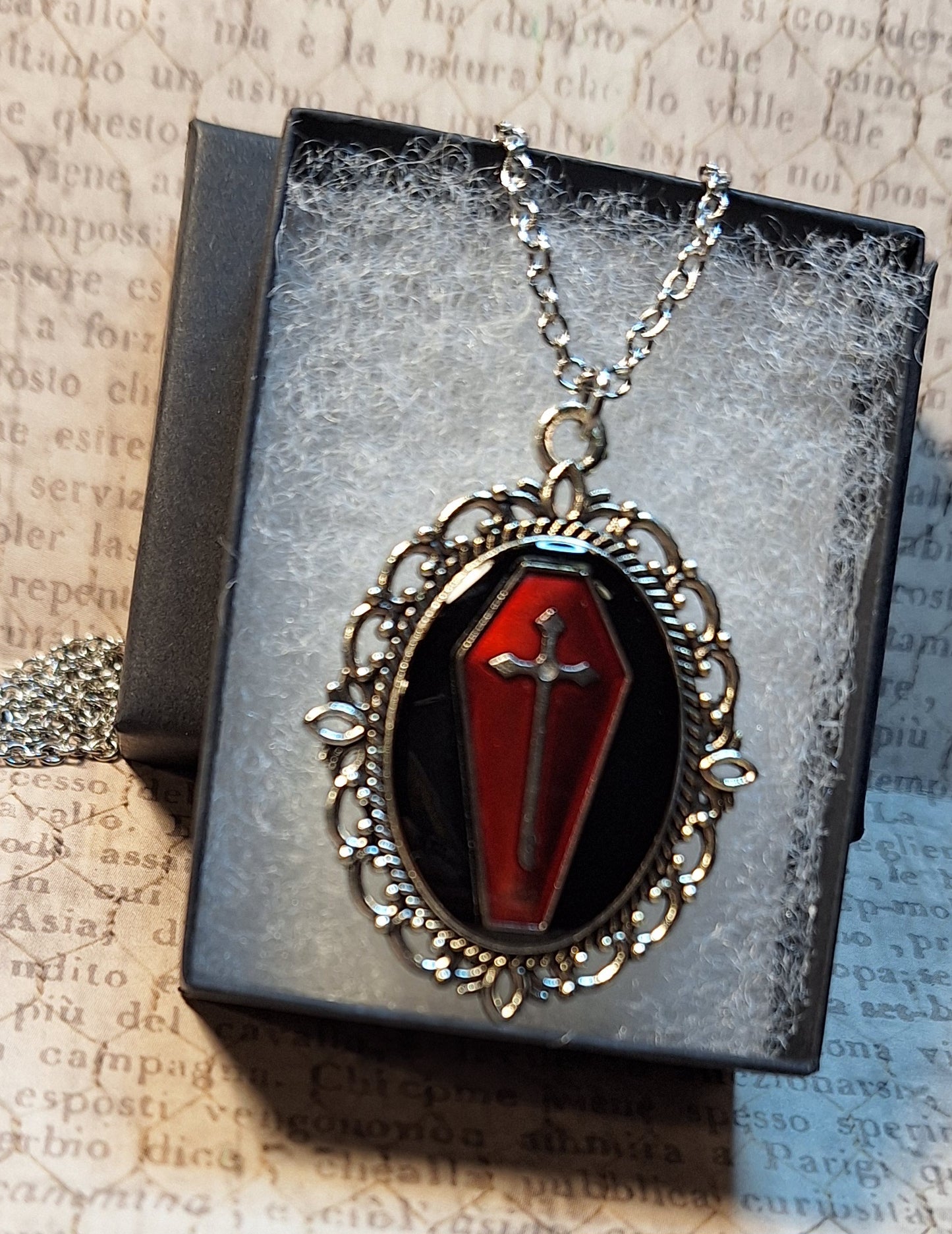 Red Coffin Filigree Pendant Necklace