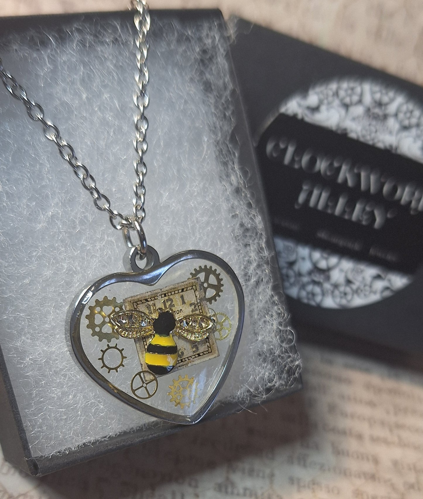 Clockwork Bee Heart Pendant Necklace