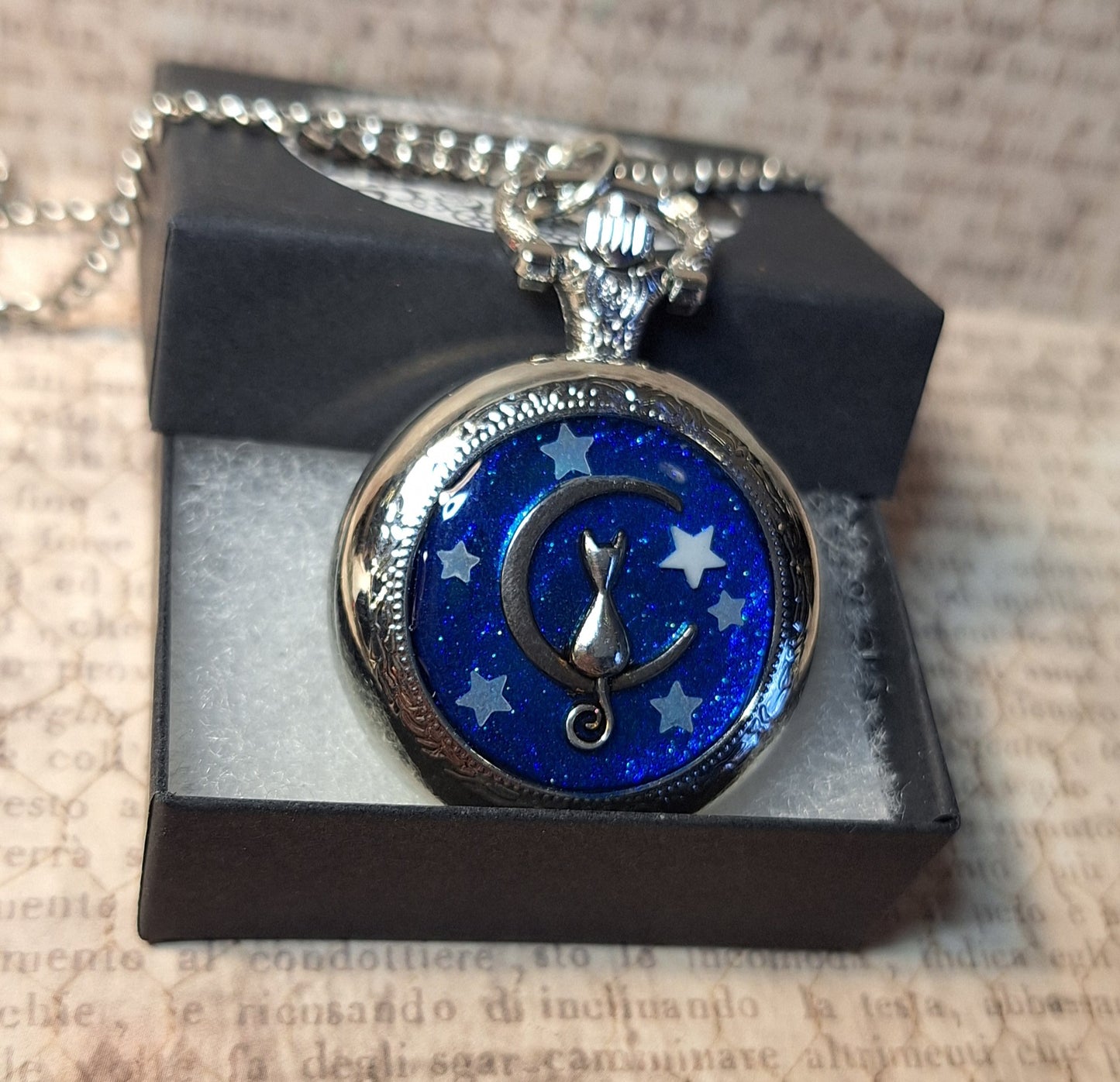 Working Cat on Moon with Glow-in-the-Dark Stars Pocket Watch Necklace