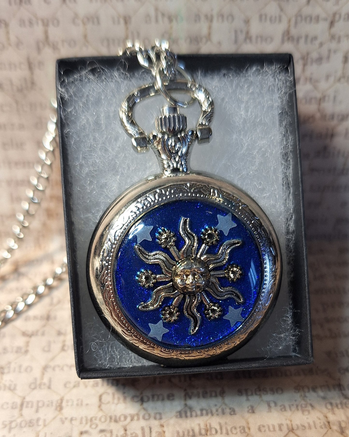 Working Sun with Glow-in-the-dark Stars Pocket Watch Necklace