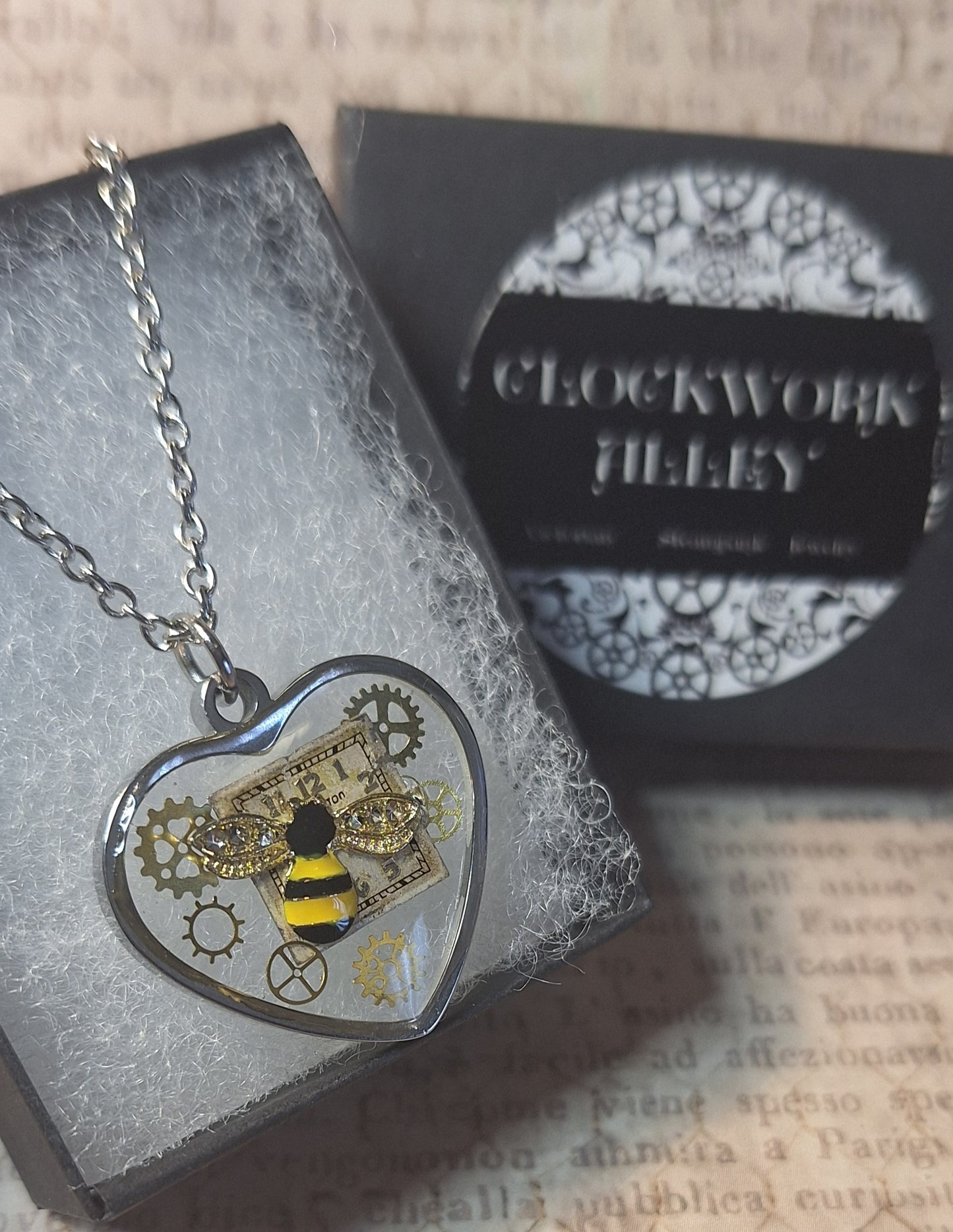 Clockwork Bee Heart Pendant Necklace
