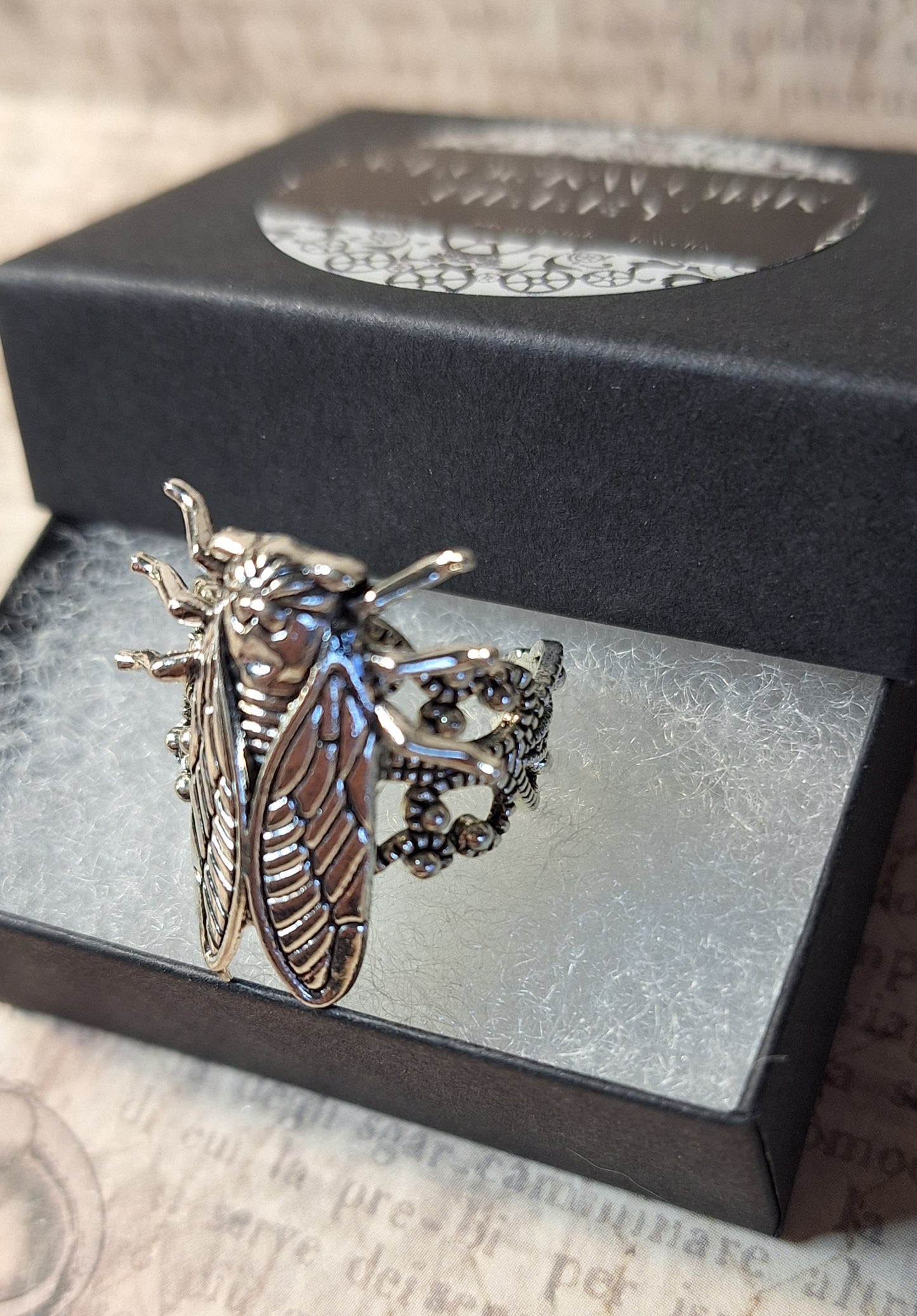 Cicada Ring in Antique Silver- Adjustable