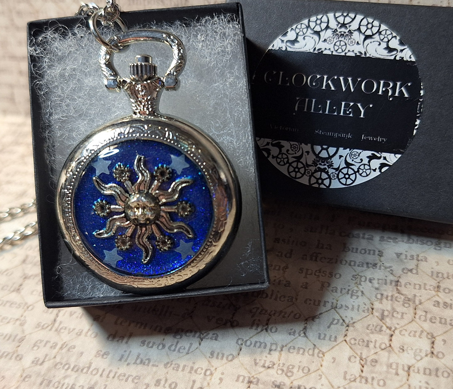 Working Sun with Glow-in-the-dark Stars Pocket Watch Necklace