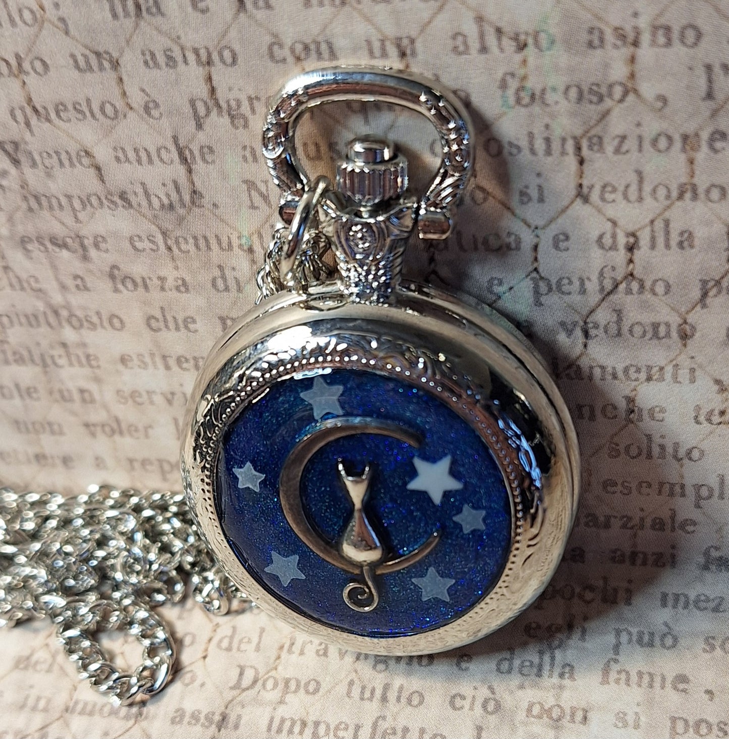Working Cat on Moon with Glow-in-the-Dark Stars Pocket Watch Necklace