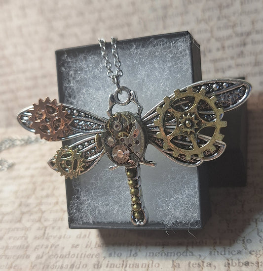 Steampunk Dragonfly Watch Movement Necklace with Exposed Gears