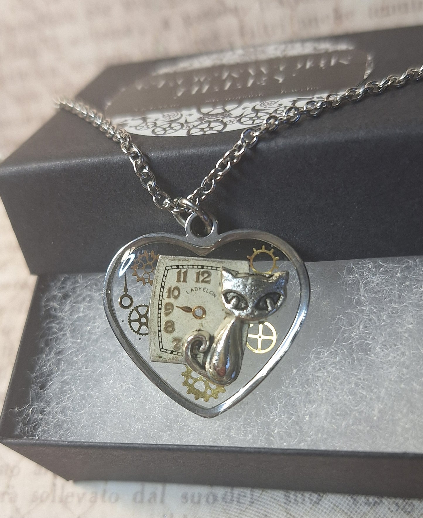 Clockwork Cat Steampunk Heart Pendant Necklace
