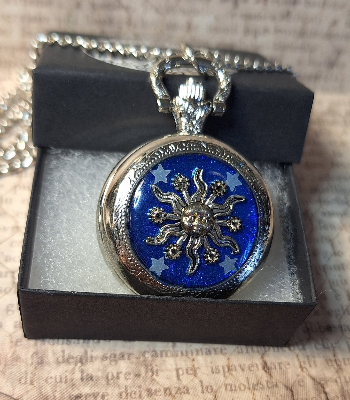 Working Sun with Glow-in-the-dark Stars Pocket Watch Necklace
