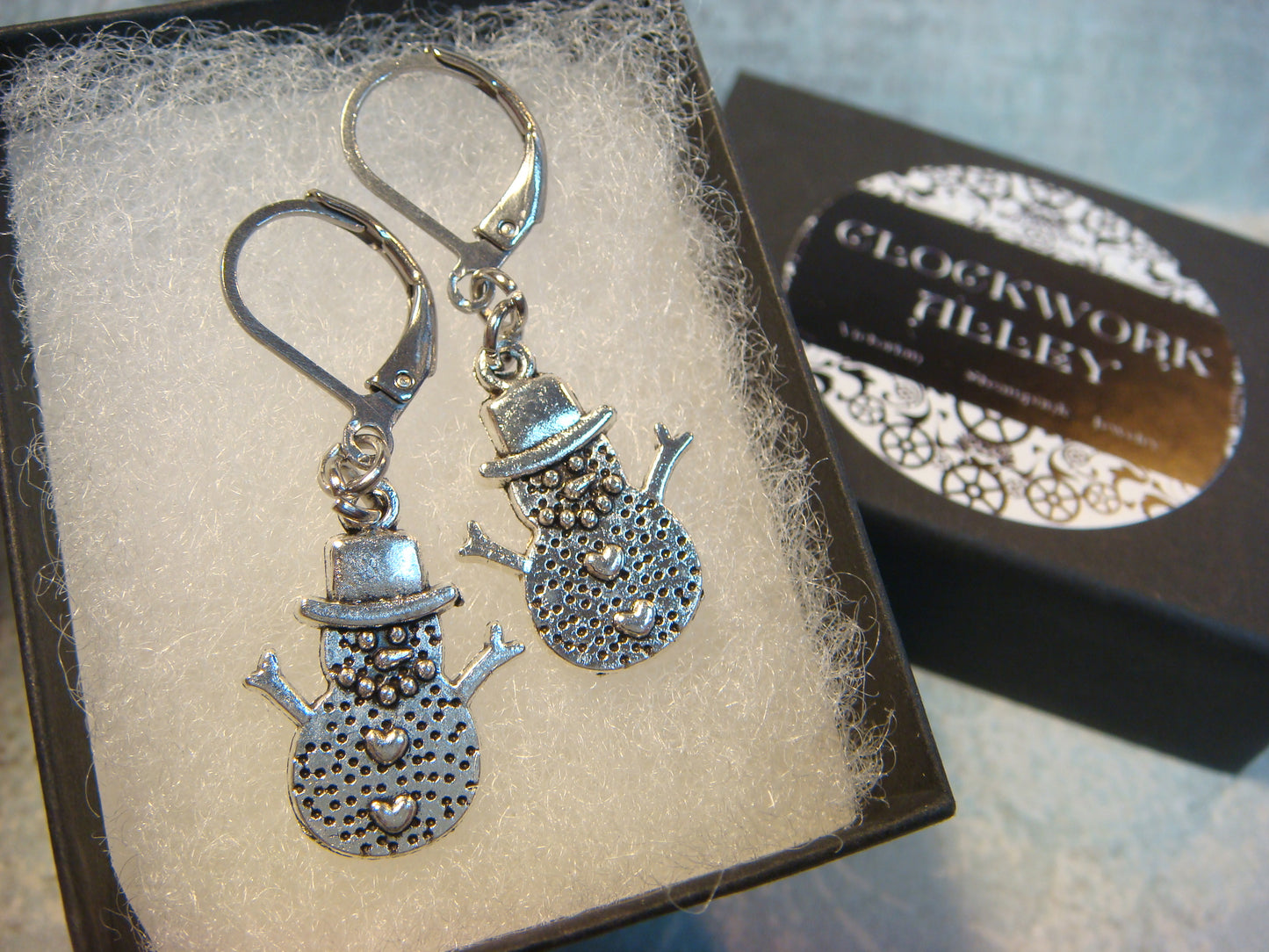 Snowman Dangle Earrings in Antique Silver