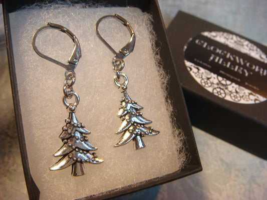 Christmas Tree Dangle Earrings in Antique Silver