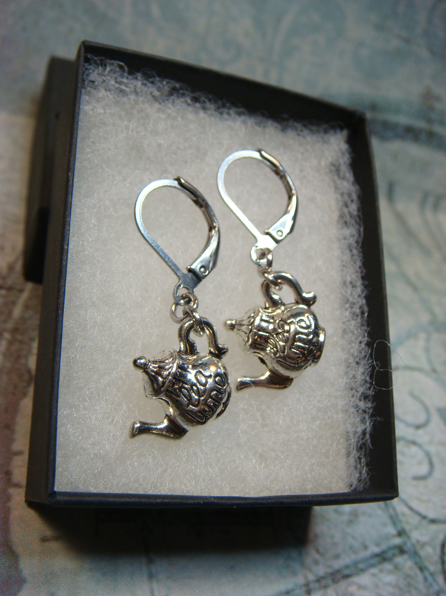 Tea Kettle Dangle Earrings in Antique Silver