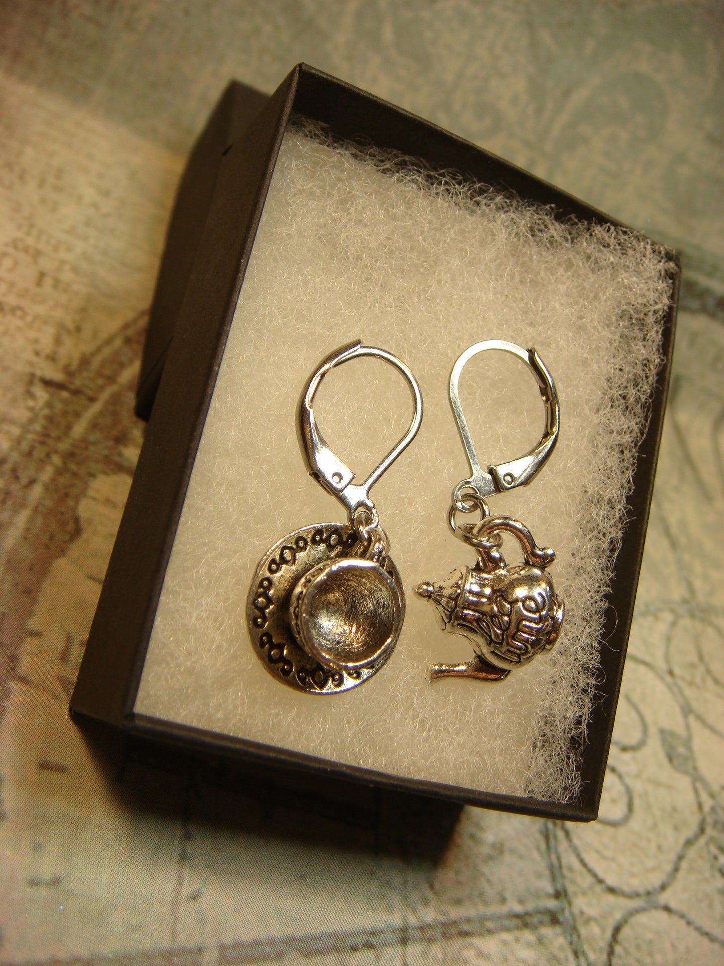 Tea Cup and Kettle Dangle Earrings in Antique Silver