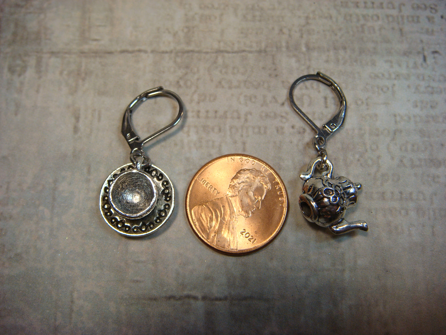 Tea Cup and Kettle Dangle Earrings in Antique Silver