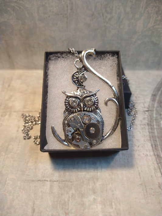 Steampunk Owl Watch Movement Necklace with Exposed Gears