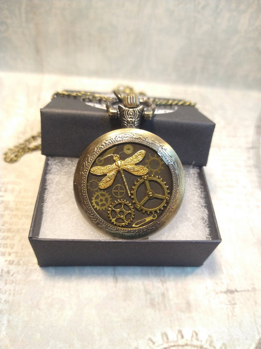 Working Clockwork Dragonfly with Gears Pocket Watch Necklace